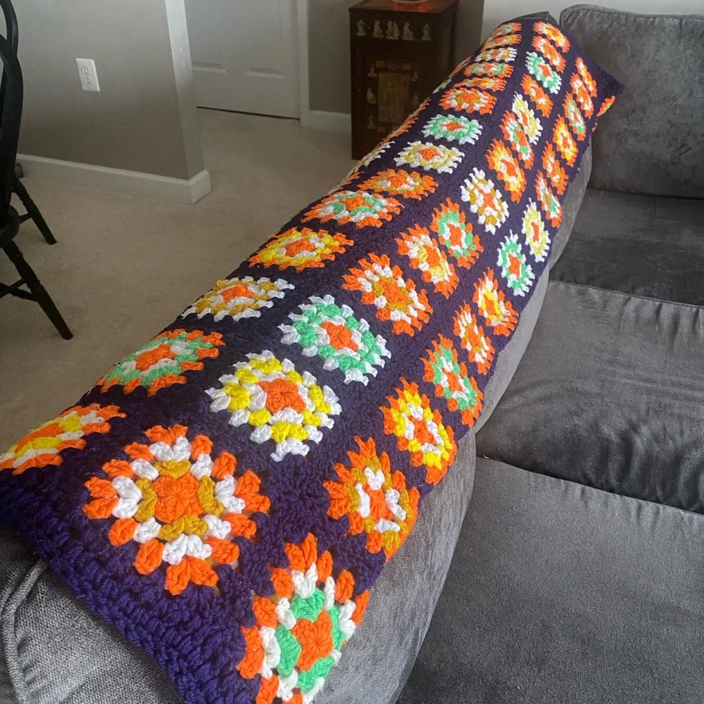 Vintage Afghan - Colorful Crochet Granny Square Blanket Throw EUC